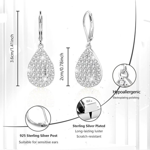 925 Sterling Silver Waterdrop Trendy Hypoallergenic Leverback Earings  for Women - Picture 3 of 7